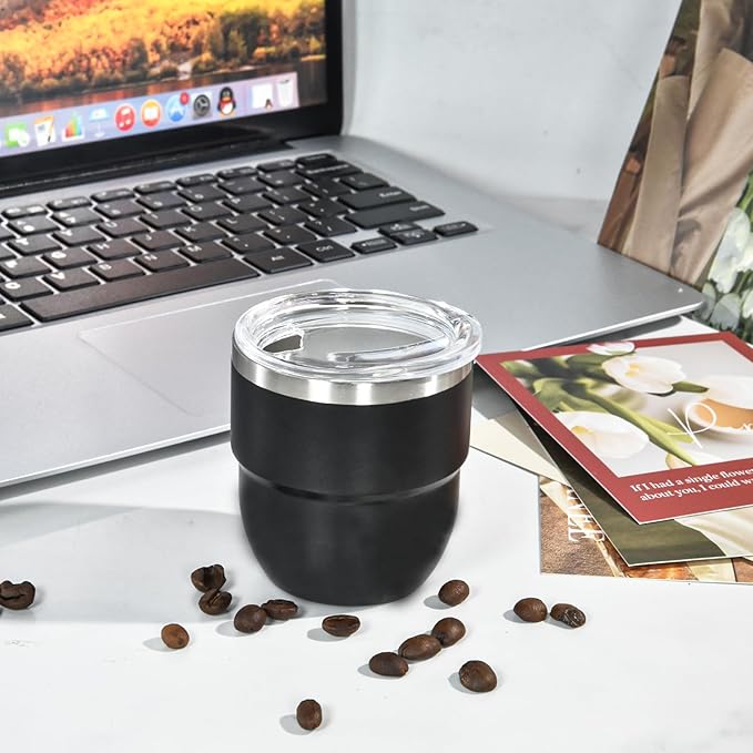 4oz Stackable Cup, Vacuum Insulated Espresso Cup Set of 2, Espresso Shot Glass for Coffee, Double Wall Stainless Steel Mini Tumbler Shot Glasses with Straw and Lid (A-black2P, 4oz)