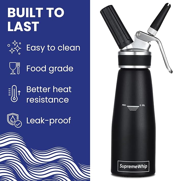 PRO Cream Dispenser, Durable High-Grip, Metal Lid with Rubber, 3 Nozzles, for Hot/Cold Use, Cleaning Brush Included, Black - 500 ml / 1 Pint