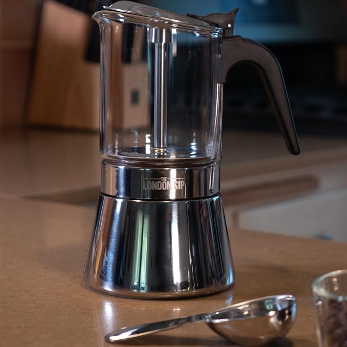 London Sip Glass and Stainless Steel Stovetop Espresso Maker Moka Pot Italian Coffee Percolator, Matte Black, Large (15.2 oz)