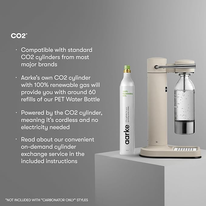 Aarke Carbonator lll with CO2 Cylinder, Sparkling & Carbonation Water Machine, Stainless Steel with PET BPA-Free Reusable Bottle Volume 1L/34 fl oz (Sand)