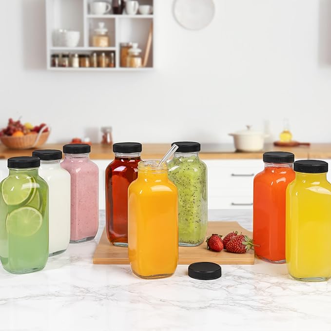 Juice Bottles with Lids, 16 Oz - Set of 8 - Clear Glass Jars with Caps - Reusable Empty Drink Containers for Juicing, Smoothies, Water, Milk, Kombucha Storage, Wellness Shots and More (8)