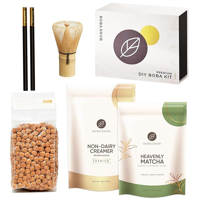 Boba Snob Boba Tea Maker Kit with Organic Ceremonial Tea, Tumbler, Two Stainless Steel Straws, Bamboo Whisk, Teaspoon, and Tapioca Pearls (Small Matcha)