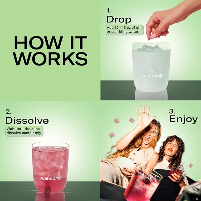 Waterdrop Hydration Cubes, Pineberry, Passion Fruit & Pear, Vitamin C, B1 & B3, On The Go Water Enhancer Drops for Still & Sparkling Water, Low Calorie, Zero Sugar, Gluten Free, Non GMO, Vegan, 24 CT