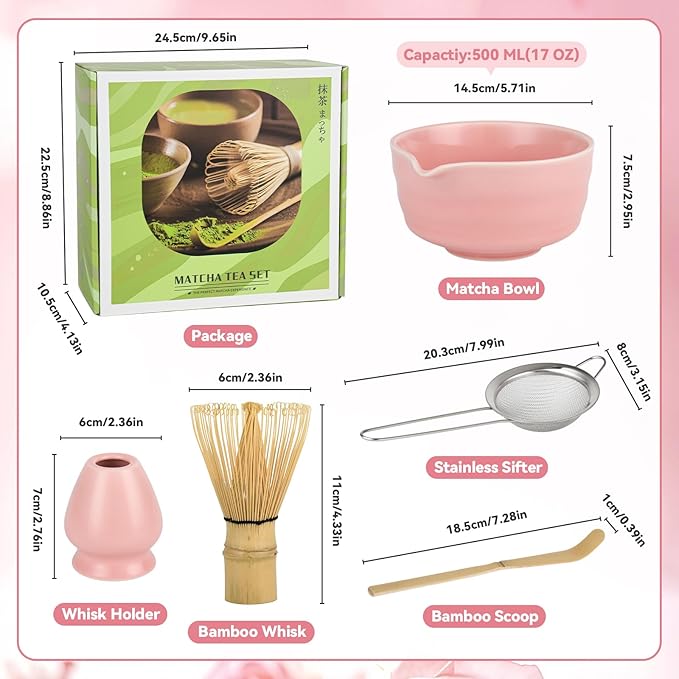 Pink Matcha Whisk Set - Ceramic Matcha Making Kit with Bamboo Whisk, Scoop, Bowl, Ceramic Holder & Sifter –5 PCS Handcrafted Elegant Japanese Tea Ceremony Tools Gift for Matcha Lovers