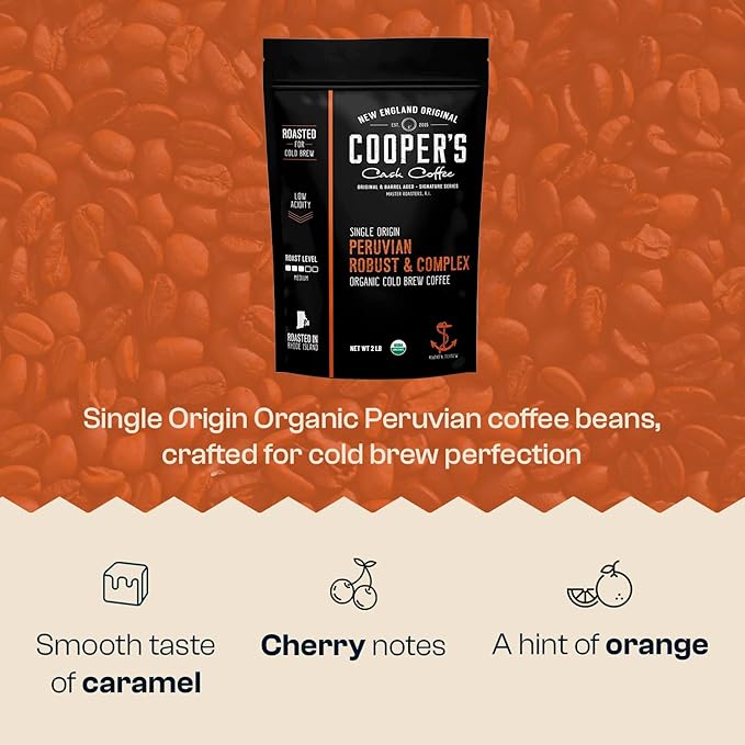 Organic Cold Brew Coffee Peru Reserve Single Origin Peruvian Coarsely Whole Bean - 2 lb. Bag - Medium Roast