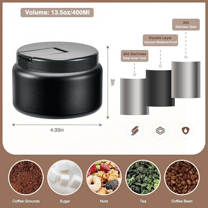 Coffee Canister, Premium Stainless Insulated Vacuum Steel Coffee Bean Storage Container Travel Jar, Kitchen Food Airtight Coffee Grounds Container for Tea, Sugar, Flour (13.5oz-Black)
