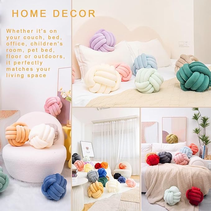 Decorative Throw Knot Pillow Ball for Home Chair Sofa Aesthetic Round Velvet Knotted Pillow Cushion (Milky White, 8 inches)