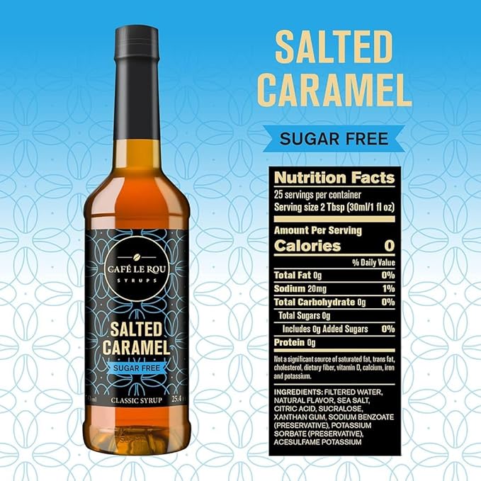 "NEW" Café Le Rou Coffee Syrup Sugar Free Salted Caramel, 25.4oz (Pack of 1)*Includes 1 Coffee Syrup Pumps*Cafe Coffee Flavoring Syrup for Coffee, Tea, and Espresso