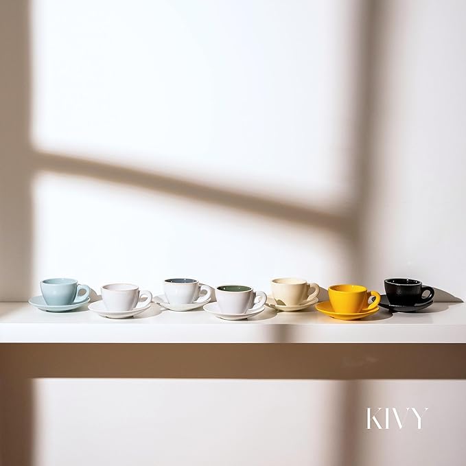 KIVY Espresso Cups Set of 4 [Set 4x 3oz]- Espresso Set Thick Walled Stoneware Espresso Cup Set - Italian Style Espresso Cups and Saucers - Coffee Mugs - Pastell Green, Blue