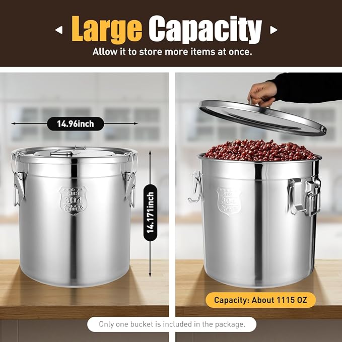 PERFERATE 304 Stainless Steel Airtight Canister 6L/12L Food Storage Bucket with Lids and Sturdy Locking Clamp Metal Cereal Rice Storage Container for Flour, Coffee Bean, Sugar, Cookie (33L)