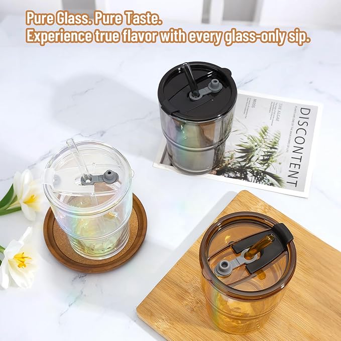 13 oz Glass Tumbler with Glass Straw and Lid, Leak-Proof Reusable Travel Cup for Iced Coffee, Tea, Matcha, Fruit Juice – Thick Wall Clear Water Bottle (Amber & Iridescent Shimmer, 2 Pack)