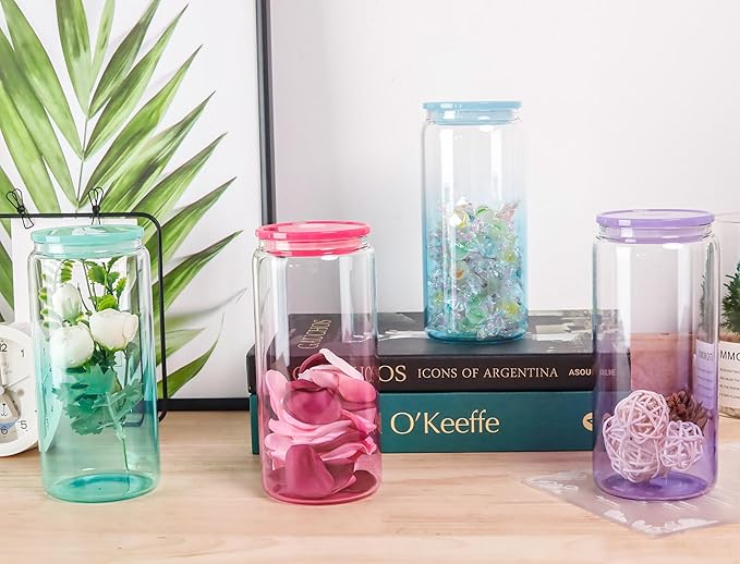 Joyclub 20oz Glass Cups with Acrylic Lids and Straws 8 Set Can Shaped Glass Iced Coffee Cups with Lids, Gradient Drinking Glasses Cute Tumbler Cup Great for Smoothie Soda Boba Tea Cocktail Beer Gift