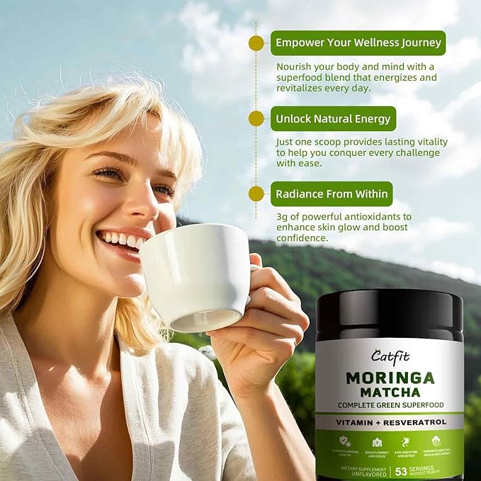 Matcha Powder with Moringa, Green Tea and Resveratrol, 4-in-1 Superfood for Energy, Immune, Digestion and Antioxidant Support, Vegan, Gluten-Free, 5.64 oz