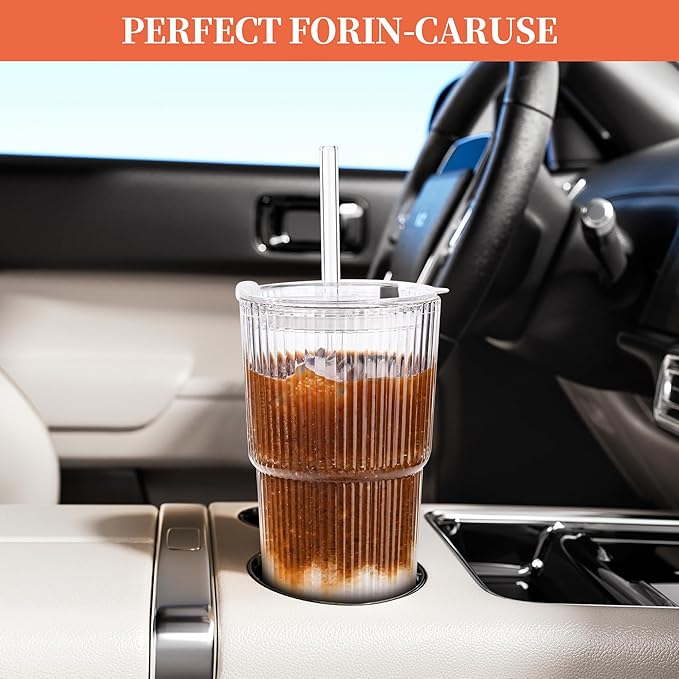 20 oz Tumblers with Lids and Straws, Ribbed Glass Set of 4-Clear Ice Coffee Cups Ideal for Smoothies, Juice, Boba & Cold Beverages, Durable reusable Glassware，Drinking Glasses with 1 Brush