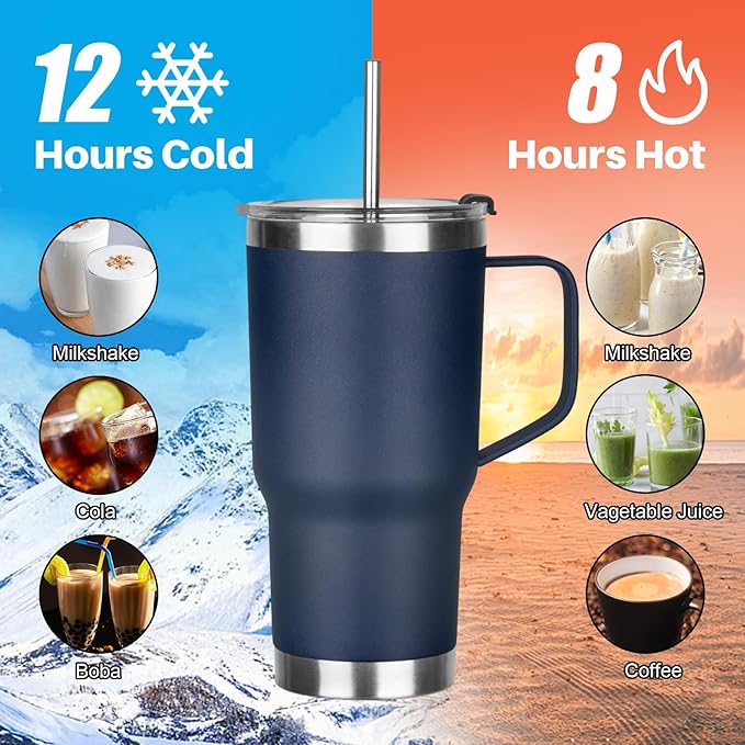 20 oz Tumbler with Handle, Stainless Steel Insulated Tumbler with Lid and Straw, Double Wall Vacuum Coffee Mug Tumbler, Insulated Coffee Thermal Cup for Cold and Hot (Navy Blue)