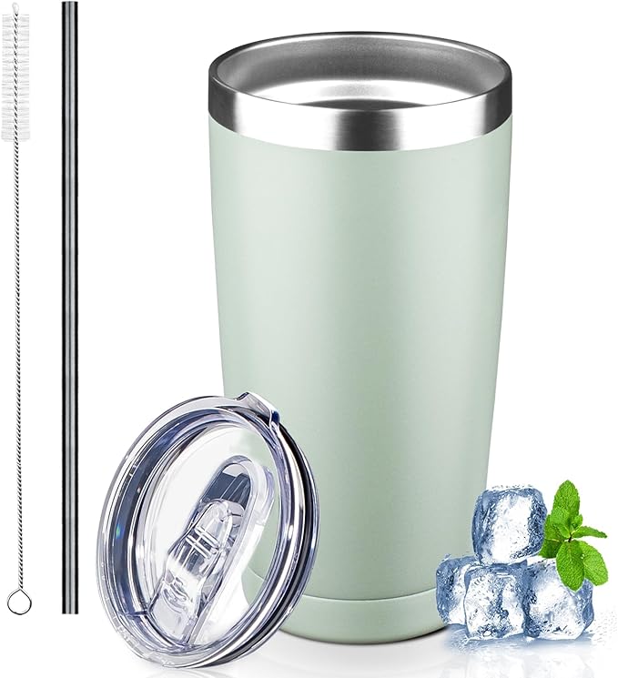 20 oz Tumbler with Lids and Straws, Stainless Steel Insulated Coffee Tumbler, Double Wall Vacuum Insulated Travel Mug Cup, Leakproof Thermal Coffee Cup for Hot and Cold Drinks (green tea)