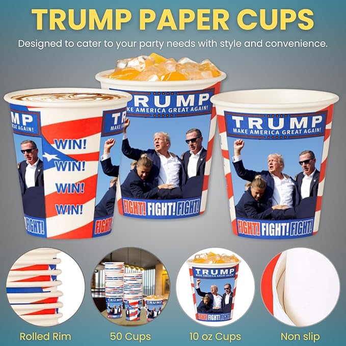 Smygoods Trump Design Disposable Paper Coffee Cups (10 OZ, 50 Count) For Hot Beverages, Tea, Espresso, Cocoa - To Go Drink Containers, Café & Office