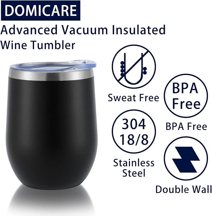 DOMICARE Stainless Steel Wine Tumbler Bulk with Lid, Personalized Insulated Tumblers Set, 12oz Travel Coffee Cups Pack of 4, Black