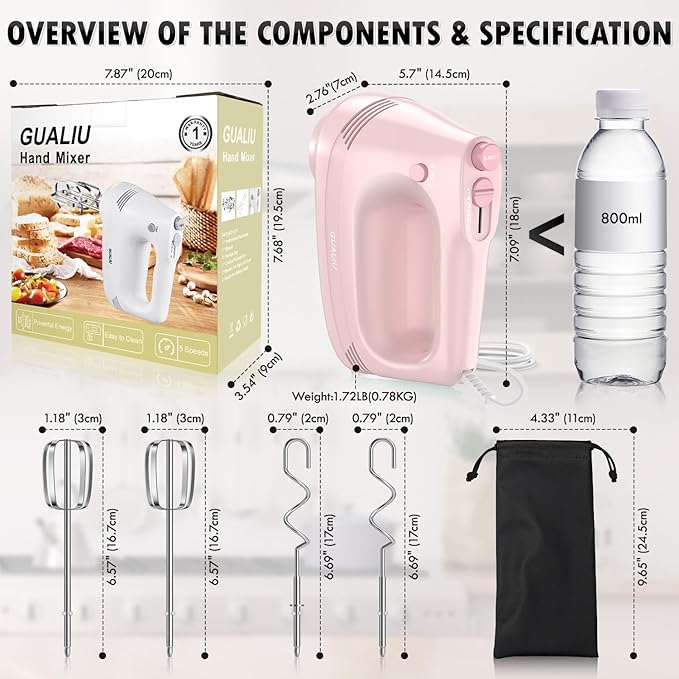 Electric Hand Mixer with Stainless Steel Whisk, Dough Hook Attachment and Storage Bag, Handheld Mixer for Baking Cakes, Eggs, Cream Food Mixers. Turbo Boost /5 Speed Kitchen Blender PINK