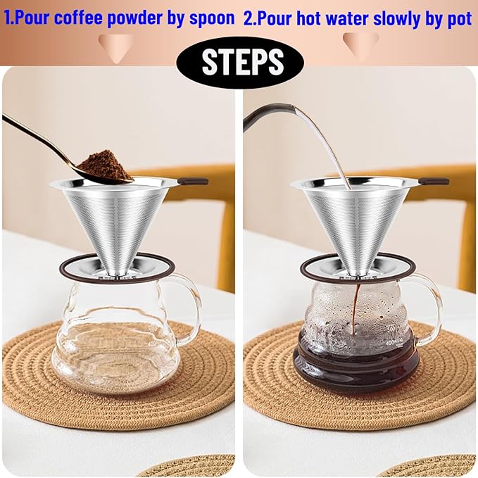 Reusable Paperless Coffee Filter V60,Coffee Dripper,Professional Stainless Steel Drip Cone Brew Coffee Strainer,Double Micro Mesh Filter,Coffee Filter Mug,Silicone Handle & Non-Slip Silicone Base (S)