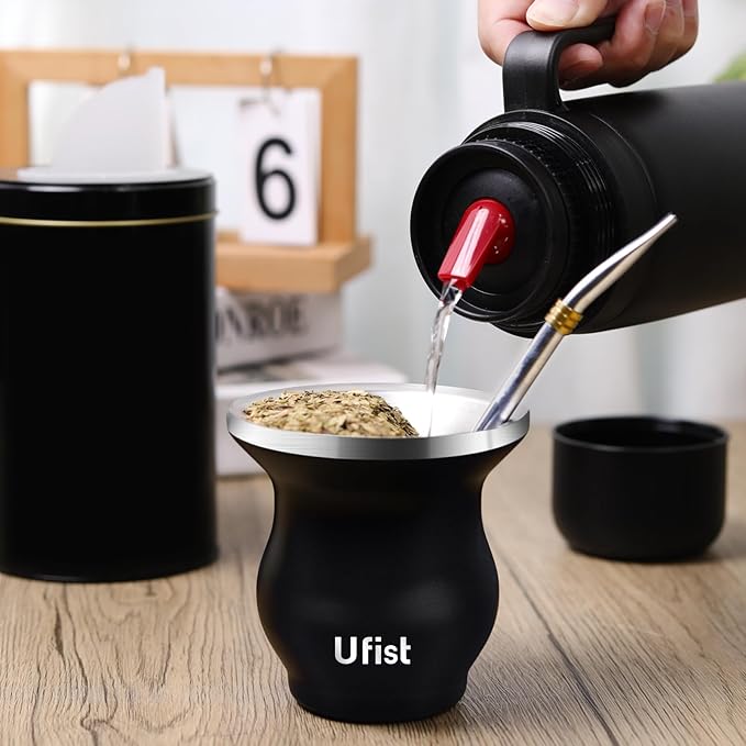 Yerba Mate Cup Set, Include Stainless Steel Double-Wall Mate Gourd with 2 Bombilla Straws and Cleaning Brush, 7.8oz Capacity, Black