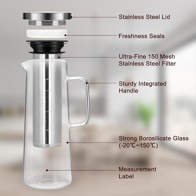 Cold Brew Coffee Maker, 1.4L/48oz Slim Borosilicate Glass Pitcher with Stainless Steel Filter, Fit Fridge Door, Dishwasher Safe & Airtight Lid, Mannual Included, Iced Tea & Fruit Infuser