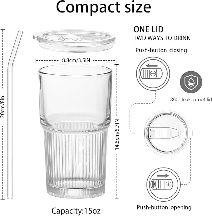 18.5oz Glass Cups with Lids and Straws - Set of 2 Reusable Tumblers, Thickened Shatter-Resistant Glass, Ideal for Iced Coffee, Smoothies, Cocktails, Juices - Elegant & Durable Drinkware