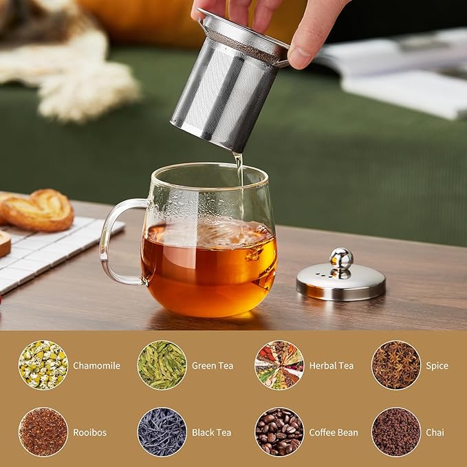 Glass Tea Cup with Infuser and Lid, 14.5oz/450ml Large Borosilicate Glass Teacup with Stailess Steel Filter, Clear Mug for Loose Leaf Blooming Tea, Dishwasher Safe - Tea Maker Gift