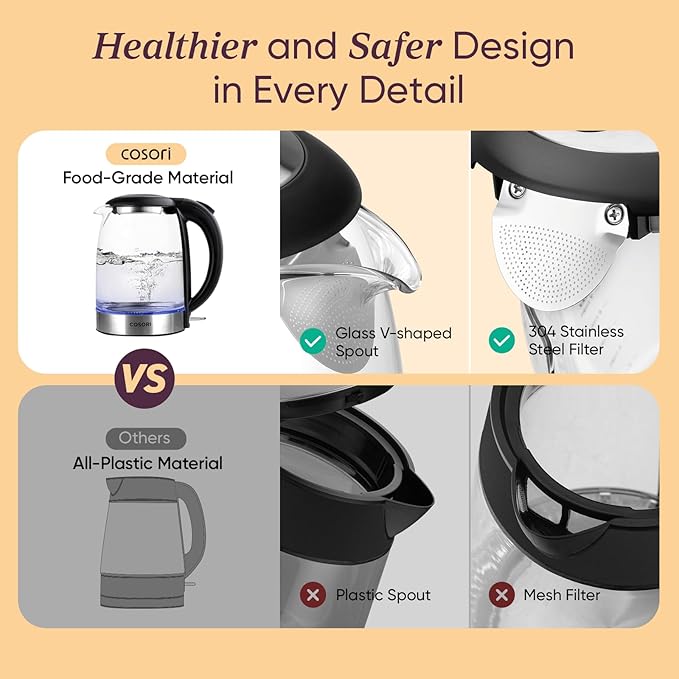 Cosori Electric Kettle, No Plastic Filter & Spout, 1.7L Tea Kettle & Hot Water Boiler For Coffee & Tea, Water Heater & Teapot, Automatic Shut Off, Borosilicate glass, Black, 1500W