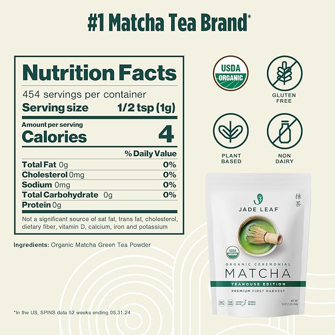 Jade Leaf Matcha Organic Premium Ceremonial Grade Matcha Green Tea Powder - Japanese - Culinary, Ingredient, Ceremonial Barista Teahouse, Latte, Collagen, 16 Ounce (Pack of 1), Ceremonial Teahouse
