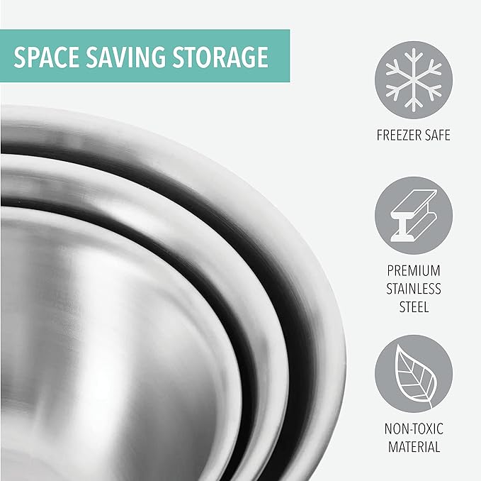 Mixing Bowls with Lids Set, Stainless Steel Mixing Bowls with Airtight Lids, Nesting Mixing Bowl Set for Space Saving Storage, Ideal for Cooking, Baking, Prepping & Food Storage