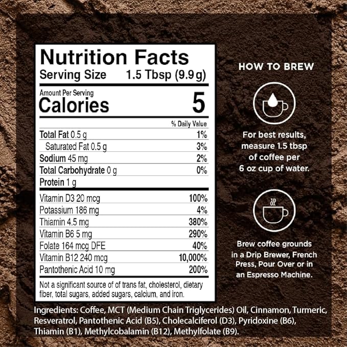 VitaCup Genius Ground Keto Coffee w/Turmeric, MCT Oil, B Vitamins, D3, Ground Coffee Medium Dark Roast, Bold & Smooth, 100% Arabica Coffee Grounds, 3 bags, 11oz each