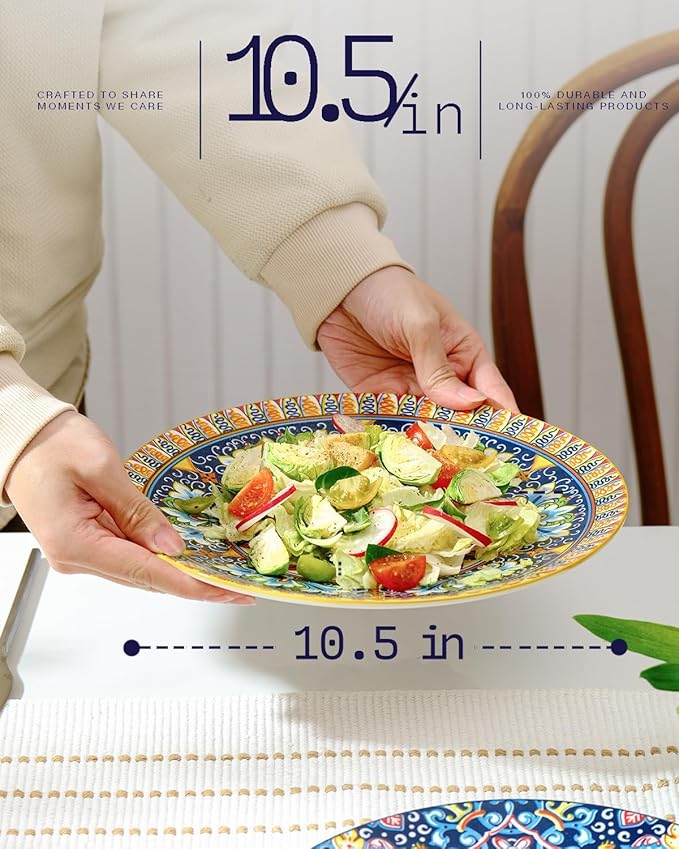 getstar Dinner Plates Set of 6, 10.5 Inch Ceramic Plates, Microwave, Oven and Dishwasher Safe, Colorful Bohemian Style Dishes for Kitchen