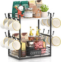 EsLuker.ly Coffee Mug Cup Holder Stand Bar Station Organizer for Countertop, Multi-Functional 2 Tier Mug Tree Rack for Kitchen, Storage Shelf with 12 Hooks, White-Black(Patented Design)