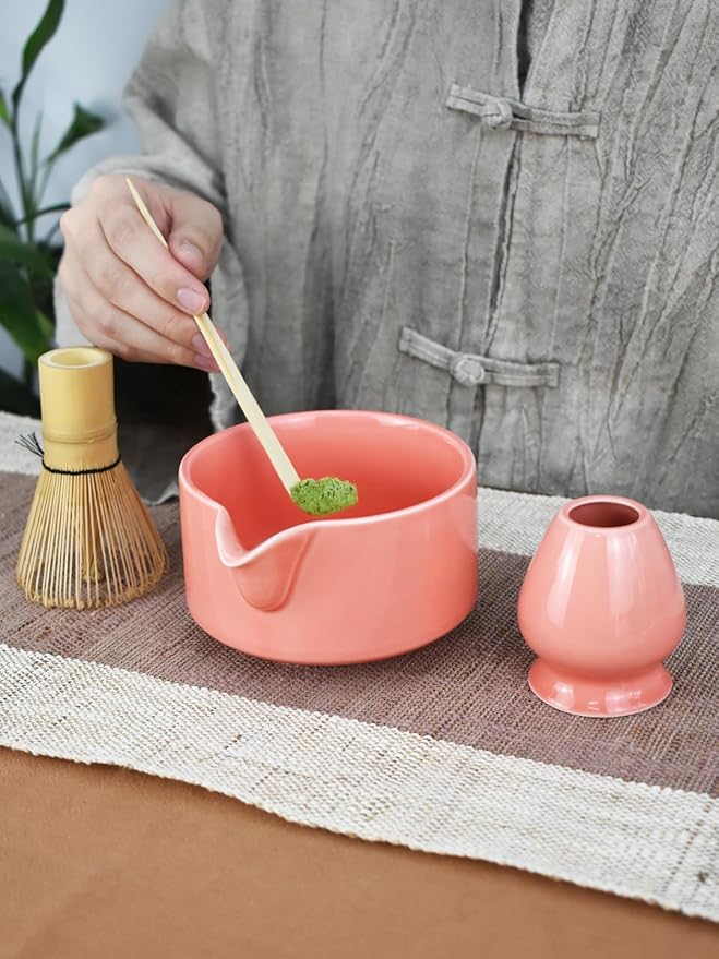 Artcome Premium Matcha Tool Set – Includes Matcha Bowl with Pouring Spout, Whisk, Whisk Holder, Tea Scoop & Matcha Manual - Pink