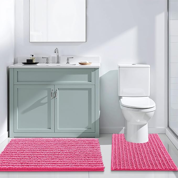 Arotive Luxury Chenille Bathroom Rug Mat, Extra Soft Thick Absorbent Shaggy Bath Rugs, Non-Slip Machine Wash Dry, Plush Bath Mats for Bathroom, Shower and Tub, 34x21, Deep Pink