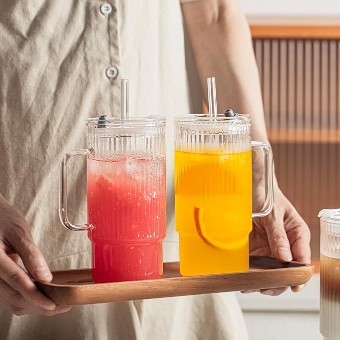 KEMORELA 2PCS 20 Oz Ribbed Glass Tumblers with Lids & Straws – Handle Iced Coffee Cups, Reusable Clear Drinkware for Smoothies & Cold Beverages – Dishwasher Safe