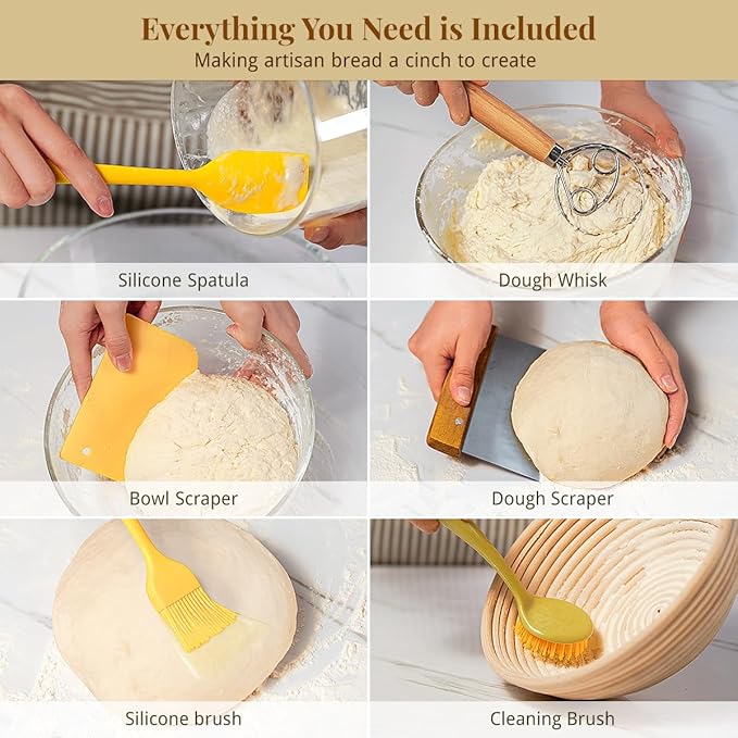 Banneton Bread Proofing Basket Sourdough Bread Baking Supplies, Sourdough Starter Kit with 9" Round & 10" Oval Banneton Baskets, Bread Lame, Sling, Spatula, Scraper, Dough Whisk