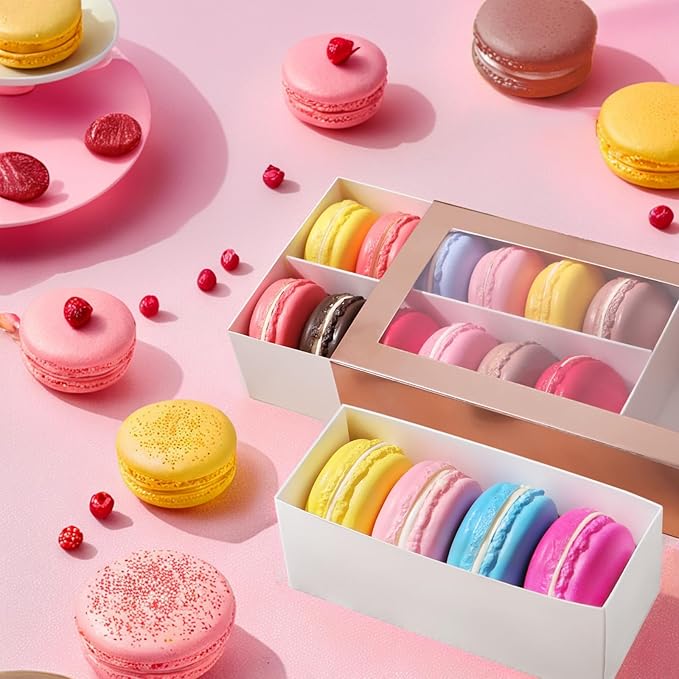 25 Macaron Boxes for 6 Macarons Gold Macaron Boxes with Interior Measurement 7.3" x 1.9" x 1.9" Macarons Gift Boxes with Clear Window (without Macaron inside)