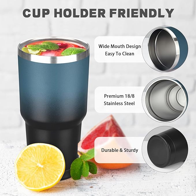 30 oz Tumbler with Lids and Straws, Stainless Steel Insulated Coffee Tumbler, Double Wall Vacuum Insulated Travel Mug Cup, Leakproof Thermal Coffee Cup for Hot and Cold Drinks (Blue Black)