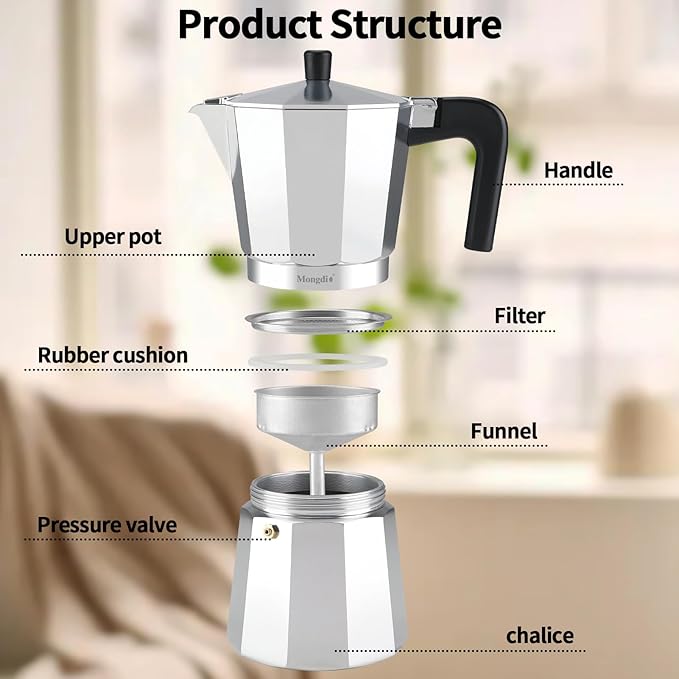 Mongdio Stovetop Espresso Maker Moka Pot, Stove Top Cuban Coffee Maker, Italian Greca Mocha Pot, 12 Espresso Cups, 20 oz - Silver