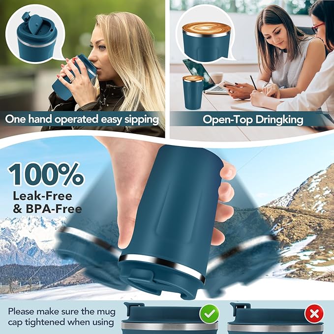 Volhoply 12 oz Double Wall Insulated Vacuum Travel Coffee Mug with Flip Lid Bulk 4 Pack,Reusable Stainless Steel Leak Proof Coffee Cups,Portable Cafe Thermal Tumbler for Hot & Cold Drinks(Bule,4 Set)