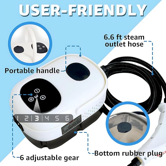 Handheld Steam Cleaner 2500W, 15s Fast Heat-Up pressurized steam cleaner with 1.1L Tank, 6-Level Adjustable Steam Cleaner for Home, Car Detailing, Grout Tile, Couch, Floor Cleaning(White 2)
