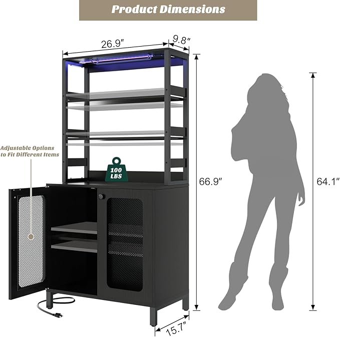 Aheaplus Bar Cabinet with Power Outlets, 67" Tall Wine Bar Cabinet Liquor Cabinets with LED Lights and Glass Holder, Coffee Bars Station for Living Room, Microwave Stand Bakers Rack Cabinets, Black