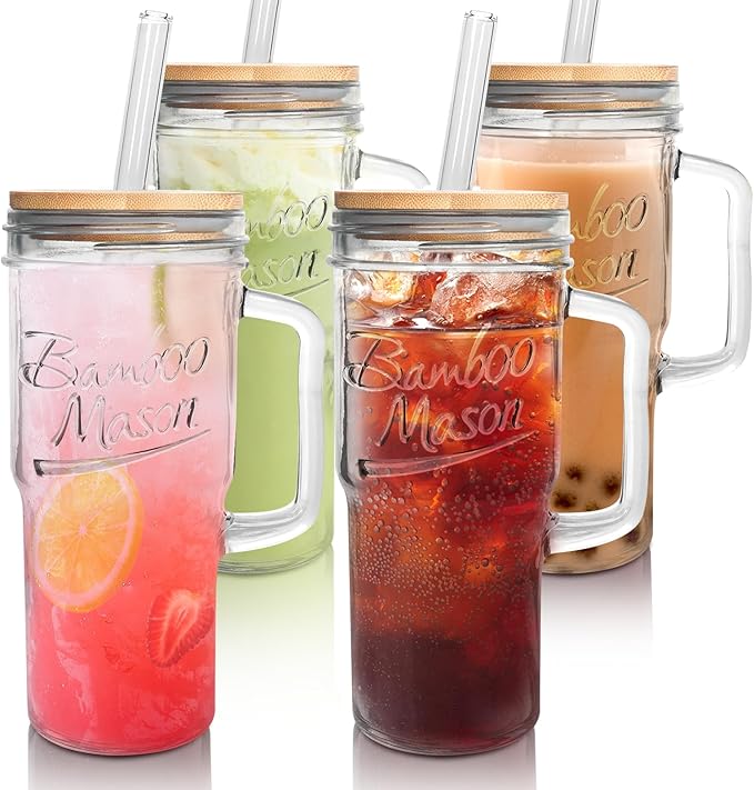 ANOTION Glass Cups with Lids and Straws - 24 oz Tumbler with Handle Halloween Coffee Cups Glass Straws Mason Jar Cups Drinking Set Kitchen Essentials Coffee Bar House Warming Gifts New Home