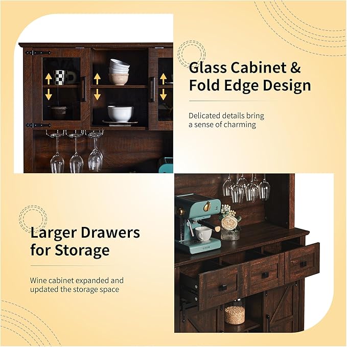 72" Coffee Bar Wine Cabinet with Sliding Barn Door & LED Lights, Sideboard Buffet Cabinet with Wine Bottle Rack, 3 Drawers, Storage Cabinets for Kitchen, Dining Room, Brown