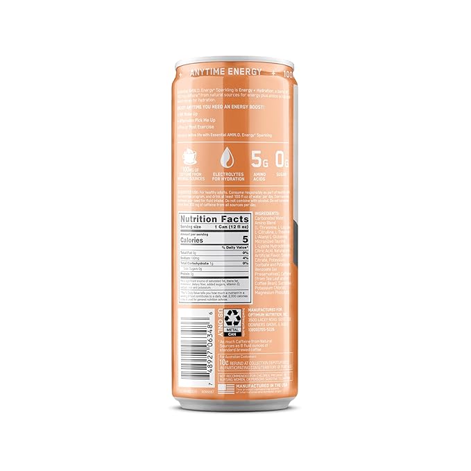 Optimum Nutrition Amino Energy Sparkling Hydration Drink, Electrolytes, Caffeine, Amino Acids, BCAAs, Sugar Free, Peach Bellini, 12 Fl Oz, 12 Pack (Packaging May Vary)