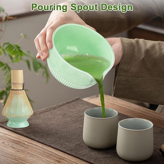 PHILORN Matcha Whisk Set 9Pcs Ceramic Matcha Kit Matcha Bowl with Spout, Whisk, Holder, Bamboo Scoop, Scoop Rest, Sifter and Tea Towe for Matcha Lover and Tea Ceremony (Cyan)