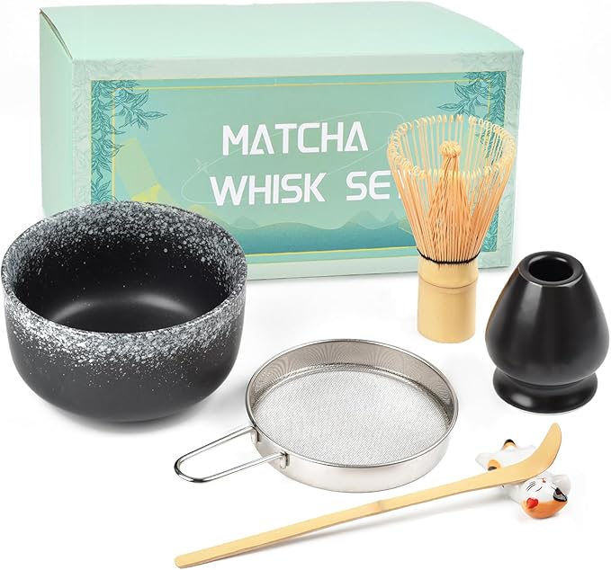 Matcha Whisk Set, Matcha Tea Set Included Matcha Bowl, Bamboo Matcha Whisk, Scoop, Matcha Whisk Holder, Spoon Stand, Matcha Sifter, Japanese Matcha Set for Beginners, Black