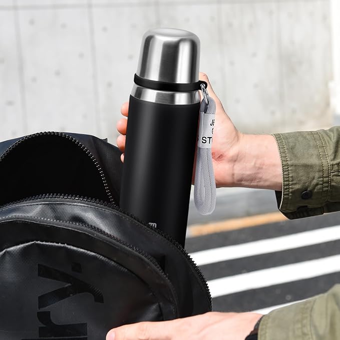 Stainless Steel thermo Bottles with cup 700ml/23.7oz Vacuum Insulated Bottle for hot and cold coffee drink water thermo flask with cup.(Black,700ml)